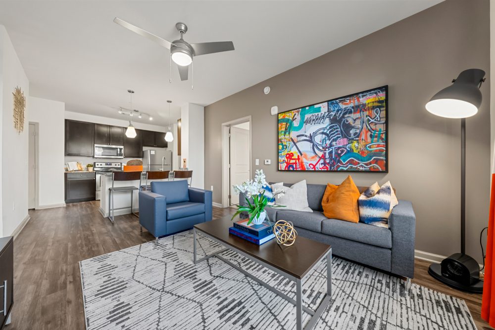 signature 1505 apartments near nc state university living room and kitchen